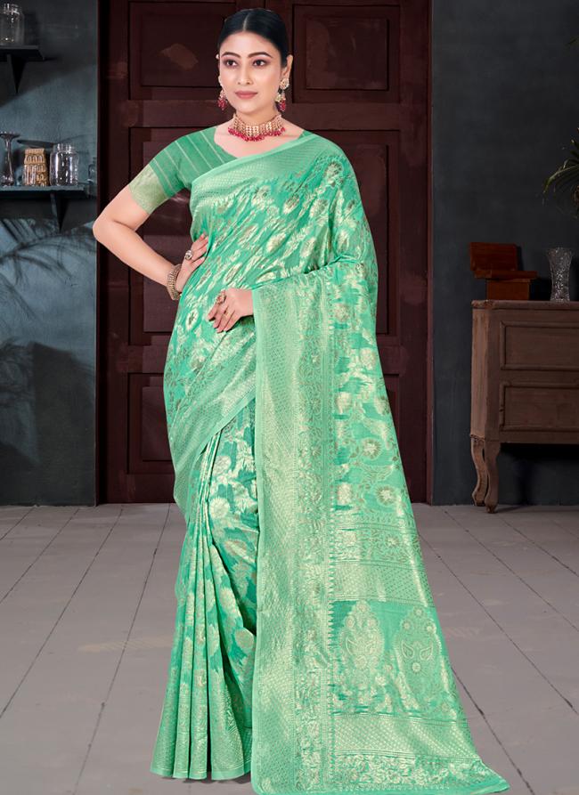 Cotton Pista Green Festival Wear Weaving Saree
